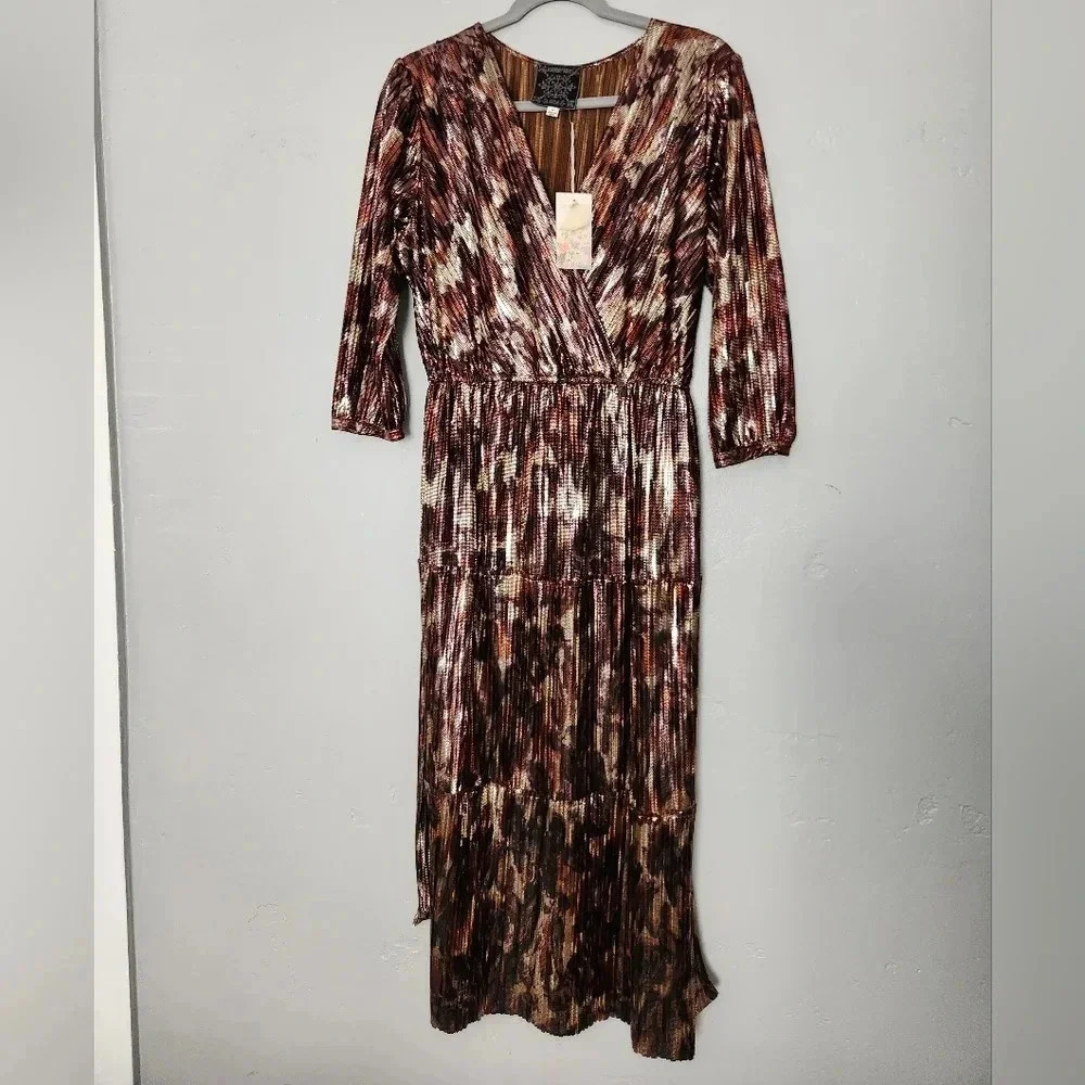 Johnny Was Tina Metallic Midi 3/4 Sleeve Wrap Dress sz M - Picture 3 of 8